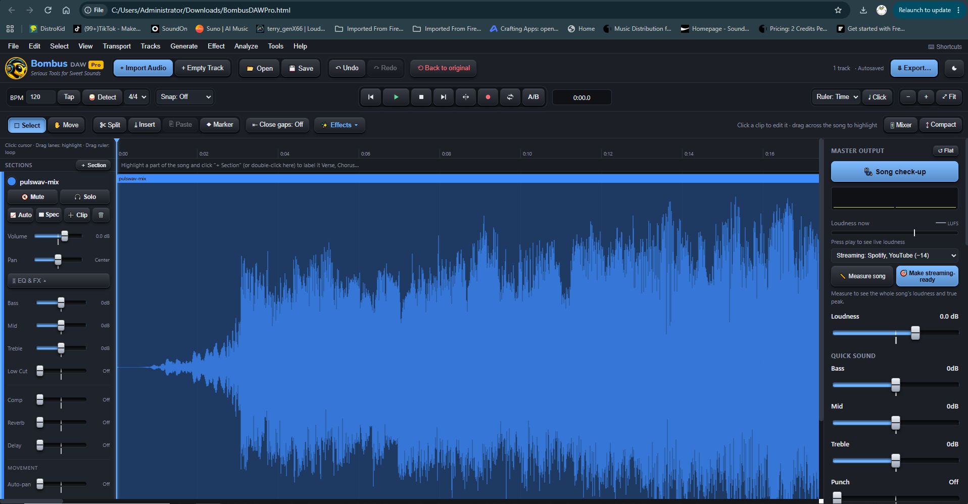 Bombus DAW Pro editor with audio waveform timeline, track controls, toolbar and master output panel